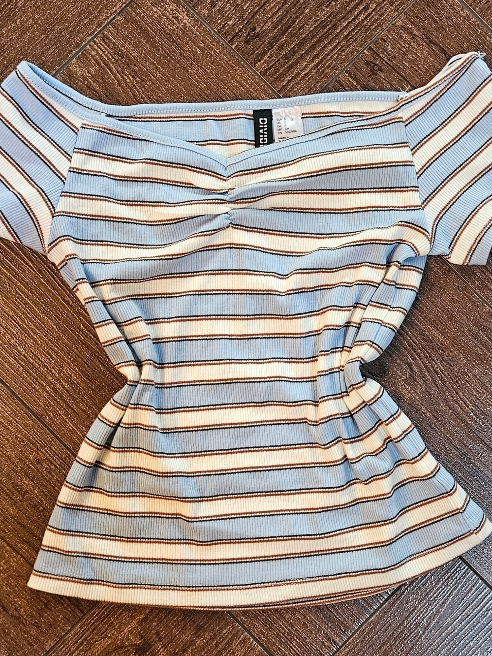 H&M Light Blue Striped Off-Shoulder Ruched Crop Top